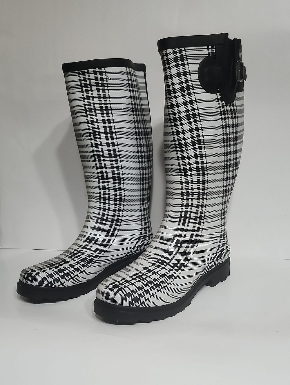 Women's Rainboots, Tall Rain Boots, White Plaid Size 7